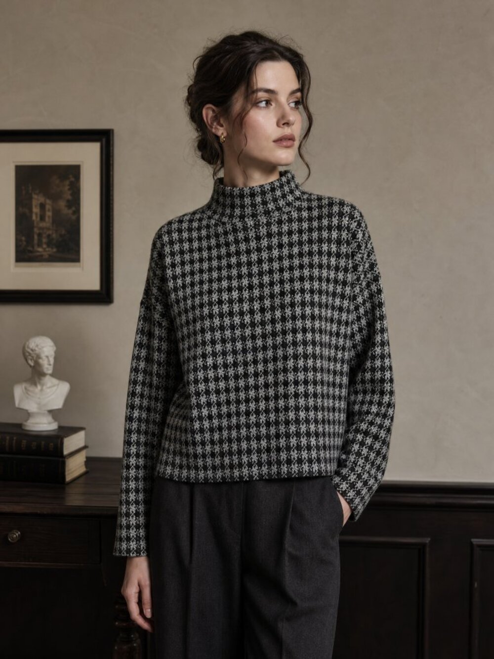 Pull&Bear Houndstooth Plaid Mock Neck Sweater Boxy Knit Long Sleeve Top